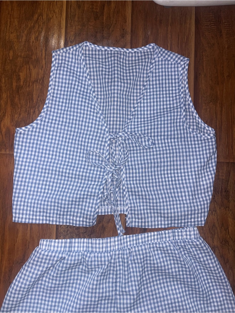 Blue Gingham Tie-Front Sleeveless Top & Bottom SET - Women